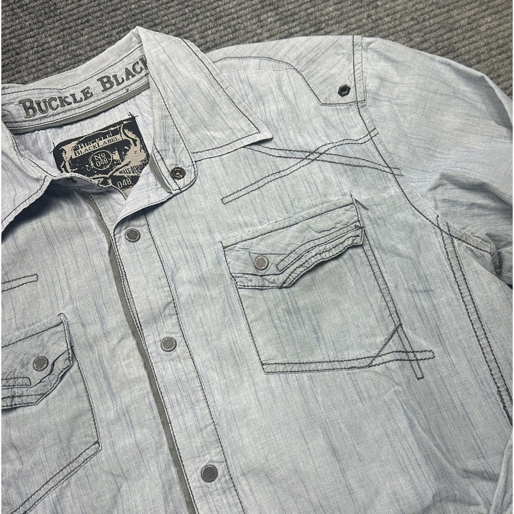 Buckle Black Shirt Mens Large Blue Western Fleur De Lis Snap Long Sleeve